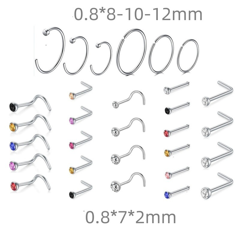 Women's Jewelry Stainless Steel Nose Nail Set 18 Pieces Piercing Nose Ring Set Titanium Steel Nose Jewelry_voghion.com