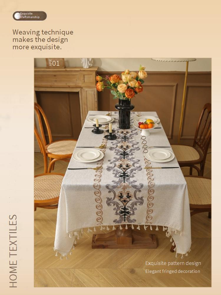 Vintage Baroque Floral Embroidered Tablecloth – Premium Linen Rectangular Table Cover For Dining & Coffee Table – Elegant White & Beige_voghion.com
