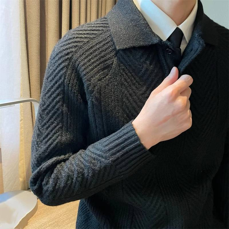 Sweter z dzianiny z klapami, męski, lekki, luksusowy, biznesowy, ciepły, duży rozmiar_voghion.com