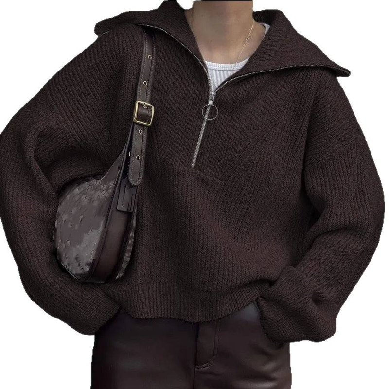 Übergroßer Strickpullover mit Reißverschlussdetail – weicher und stylischer Pullover für Damen (V-Ausschnitt, lange Ärmel, bequeme Passform, mehrere Farben)_voghion.com