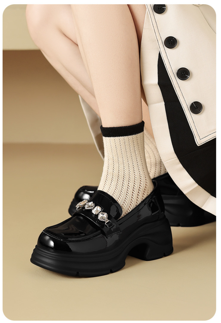 Cameido Women's Black Shiny Synthetic Leather Round Toe 6CM Loafers - Comfortable & Stylish_voghion.com
