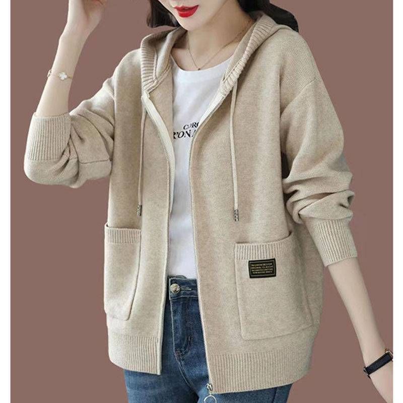 Damen-Strickjacke mit Reißverschluss und Kapuze – Übergroßer Strickpullover im koreanischen Stil (4 Farben, leichtes Polyester)_voghion.com