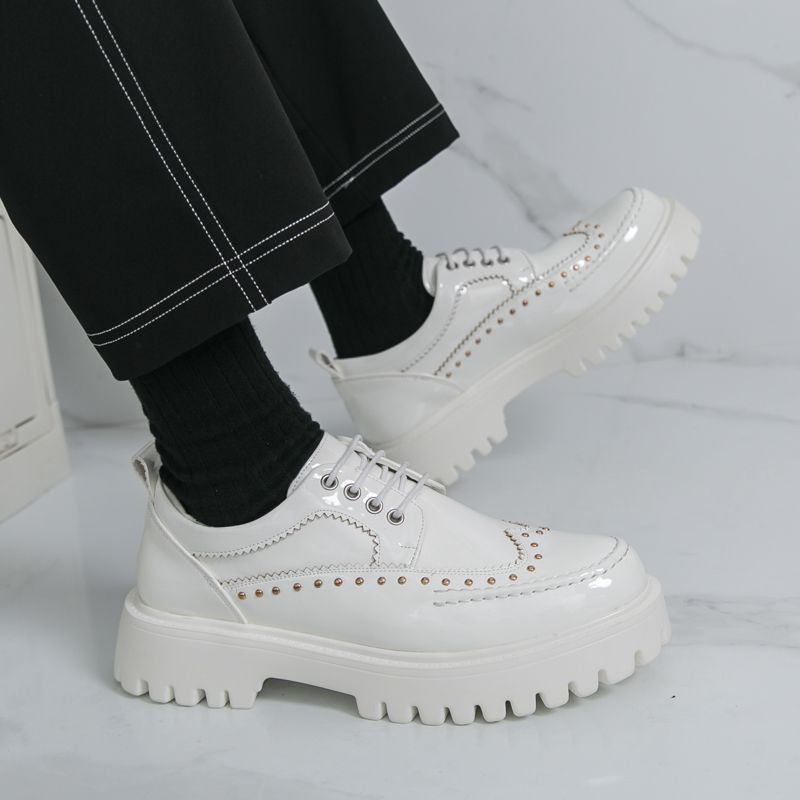 İngiliz Moda Erkek Büyük Baş Siyah Beyaz Renk Bloklu Kalın Taban Yüksek Günlük Erkek Ayakkabıları Bağcıklı İş Ziyafet Düğün Deri Ayakkabılar_voghion.com