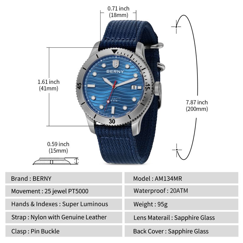 BERNY Automatic Dive Watches For Men 20ATM Waterproof Nylon Strap Analog Mechanical Watch With Date Super Luminous Sapphire Men's Pro Diver Watch_voghion.com