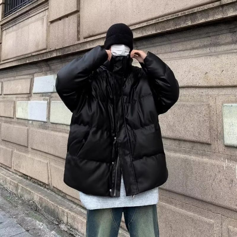 Bomberjacke aus PU-Leder mit Stehkragen – Kurzer, wattierter Herrenmantel, Winterjacke im Motorrad-Stil der High Street_voghion.com