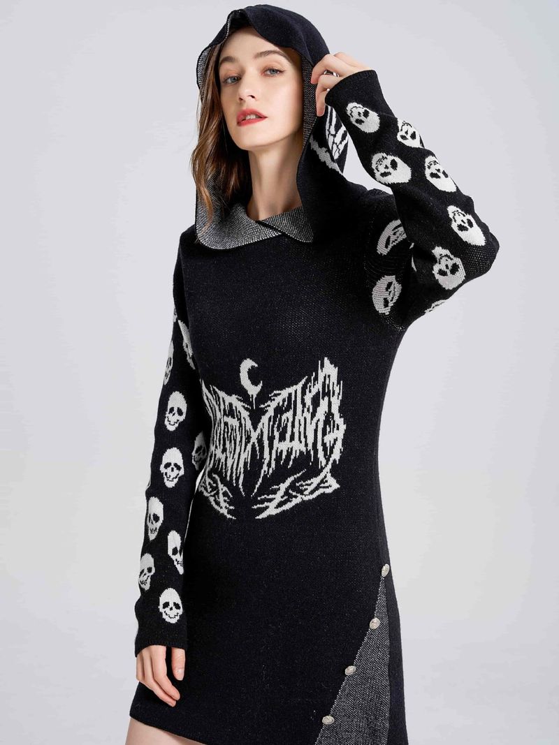 Punk-Pullover mit Kapuze, mittlere und lange Damenbekleidung, grenzüberschreitende Herbst- und Winteroberteile, gestrickter Totenkopfpullover im Gothic-Stil_voghion.com