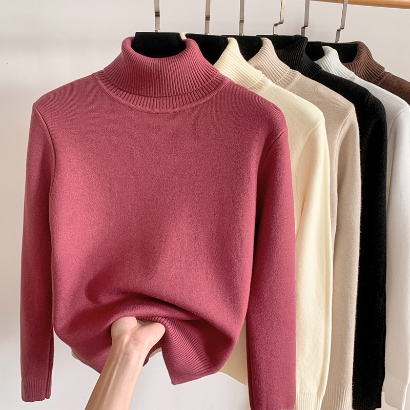 Pull femme automne hiver pull rembourré femmes chaud col roulé bas chemise couleur unie sous-vêtements hauts pulls_voghion.com