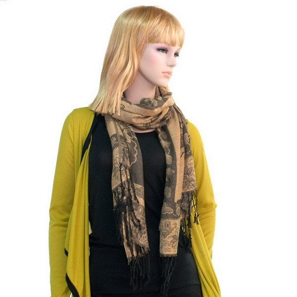 Blancho Bedding -Pa-a66-2 Khaki Big Butterfly & Flower Elegant exquisitely Soft Tassel Ends Pashmina/Shawl/Scarf_voghion.com