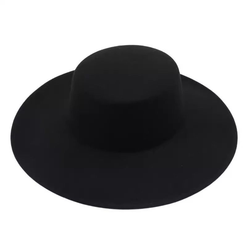 Chapeau haut-de-forme en laine à dessus plat, design automne-hiver 2025, chapeau polyvalent en feutre à large bord, style Hepburn français_voghion.com