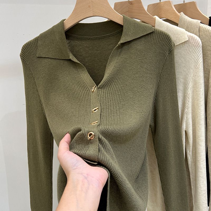 Women's Turn-Down Collar Knitted Long Sleeve Top - Soft Loose Fit Casual Blouse For Autumn & Spring_voghion.com