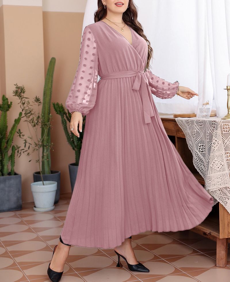 Elegant Mesh Panel Maxi Dress For Women V-Neck Long Sleeve Plus Size Dress (0XL-4XL) | Breathable Polyester A-Line Dress For Work & Evening_voghion.com