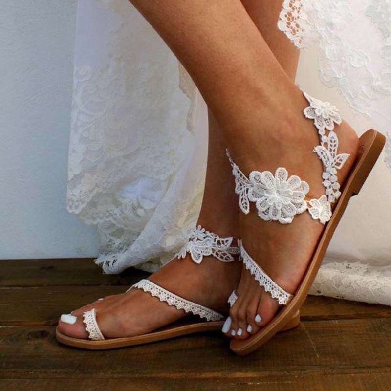 Sandali romani casual piatti con motivo floreale bohémien, taglie forti, da donna_voghion.com