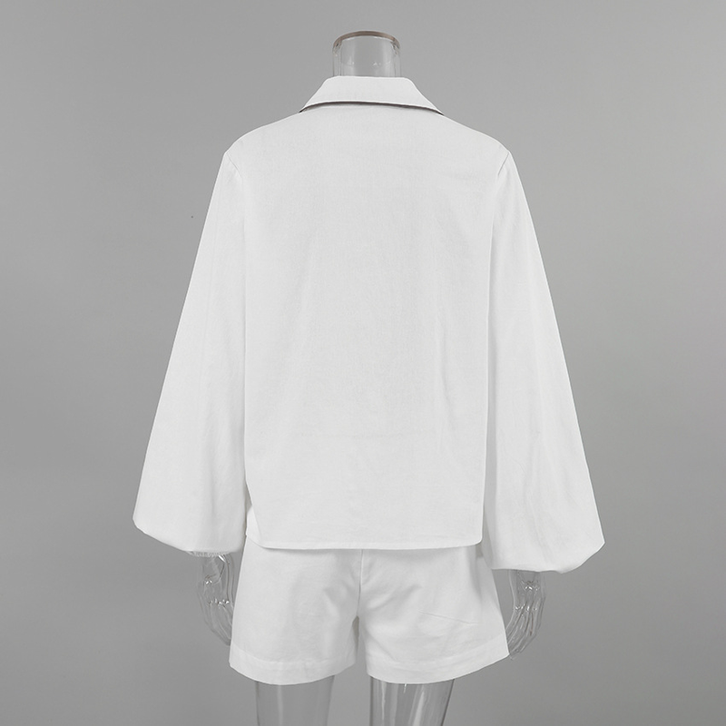abito a maniche lunghe in cotone e lino moda casual design da donna camicia a contrasto in bianco e nero pantaloncini set da due pezzi_voghion.com