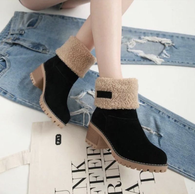 Botas de neve de camurça com salto grosso e cano médio para outono e inverno_voghion.com