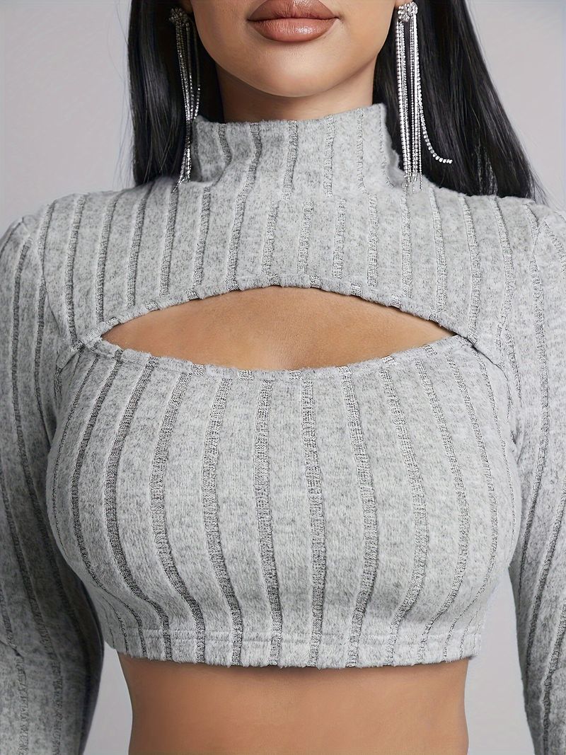 Geripptes Zweiteiler-Set für Damen – Langarm-Oberteil mit Stehkragen und Rock (Hellgrau, S/M/L/XL)_voghion.com