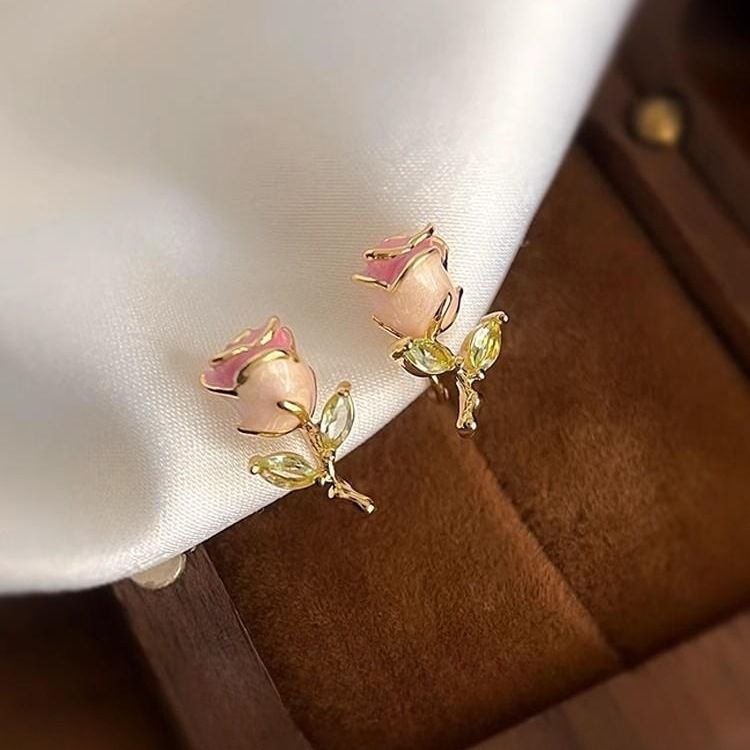 Kleine, frisse emaille druppeltextuur met micro-ingelegde zirkonia-oorbellen voor vrouwen, kleine, delicate rozenoorbellen, lichte luxe_voghion.com