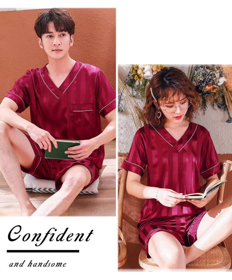 Pár Loungewear Ženy Léto Hedvábí tenký Krátký rukáv Korejský Jacquard Pruhované Ledové Hedvábné Domácí oblečení Pánská dvoudílná sada_voghion.com