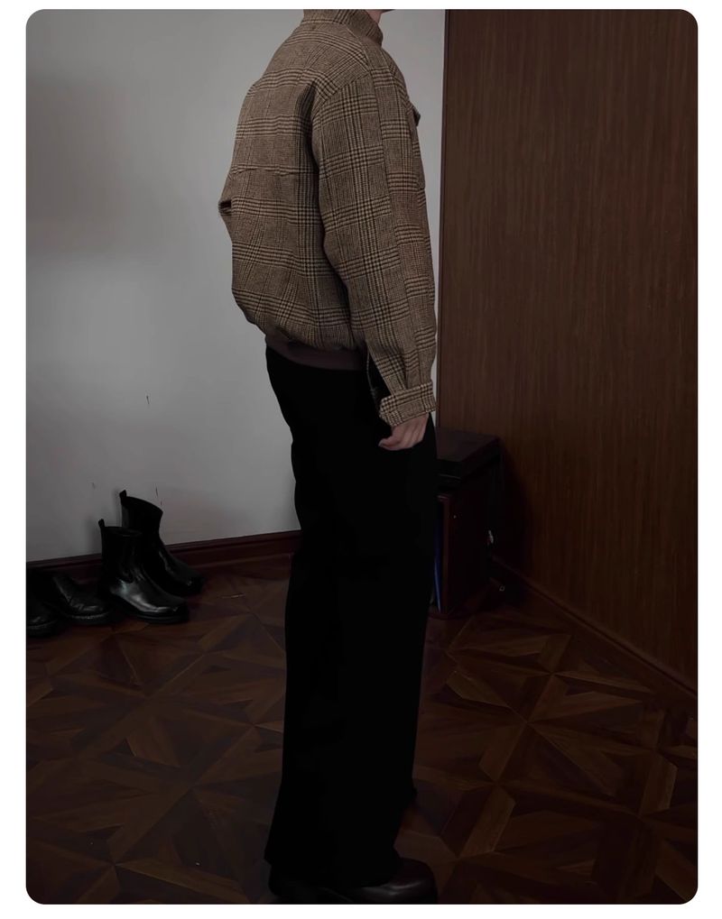 Klassische karierte Harrington-Jacke für Herren – Wollmischung, bequeme Passform, Stehkragen, Reißverschluss vorne, lange Ärmel, lässige Oberbekleidung für Herbst und Frühling_voghion.com