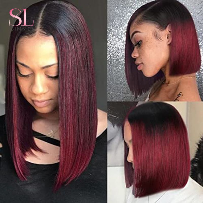 Hetsäljande T1B/99j Bury Red Rakt Bob T-del Lace Front Människohår För Kvinnor Färgat Brasilianskt Remy Hår Limfri Naturlig Peruk_voghion.com