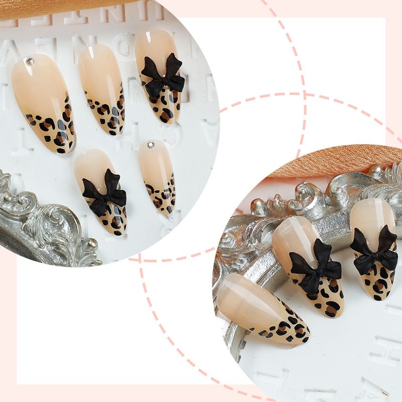 Unghie finte 24 pezzi di nuove unghie indossabili per autunno e inverno, toppe per nail art con fiocco nero e stampa leopardata di alta qualità, rimovibili_voghion.com