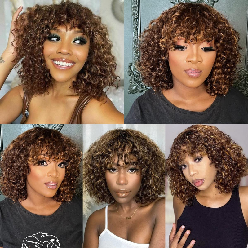 Perruque de cheveux humains ondulés de 14 pouces, fabriquée à la machine, avec frange, densité 180%, dentelle sans colle, maille rose, cheveux humains bouclés, couvre-tête pour femmes_voghion.com