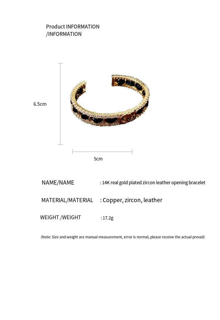 Bracciale aperto in vera pelle di zircone placcato oro Bracciale temperamento moda personalità francese piccoli gioielli di lusso da donna_voghion.com