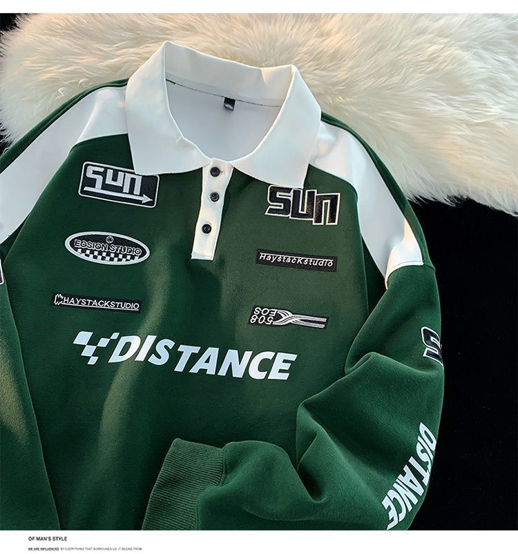 Sudadera con capucha retro americana para hombre, camisa polo de marca de moda, traje de carreras con solapa de manga larga, top de tendencia, primavera y otoño 2024_voghion.com