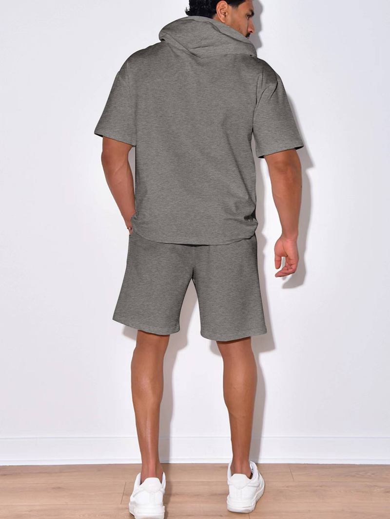 Nuovo prodotto 2025, abbigliamento sportivo casual da uomo europeo e americano, a maniche corte e pantaloncini, con cappuccio, tinta unita, due pezzi_voghion.com