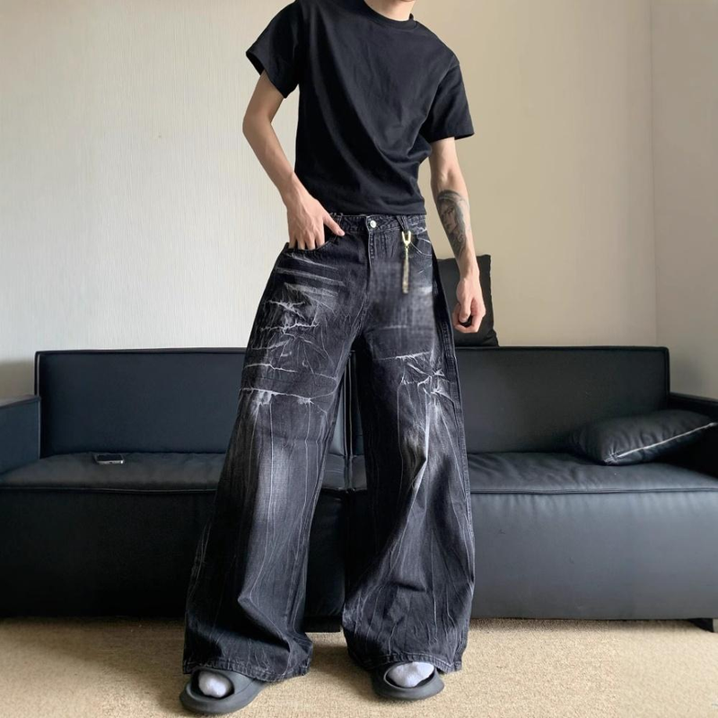 Vintage Washed Distressed Jeans für Herren – Relaxed Fit Hose mit weitem Bein und Blitzstreifen-Design_voghion.com