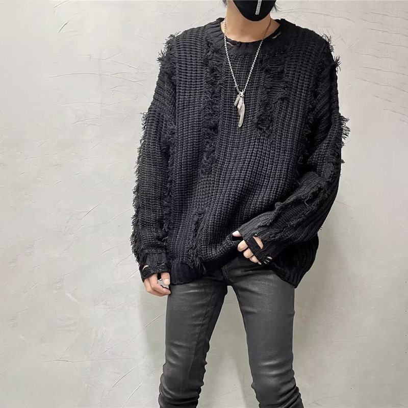 Maglione da uomo in maglia a trecce con frange effetto consumato - Pullover casual oversize dalla vestibilità ampia per l'inverno_voghion.com
