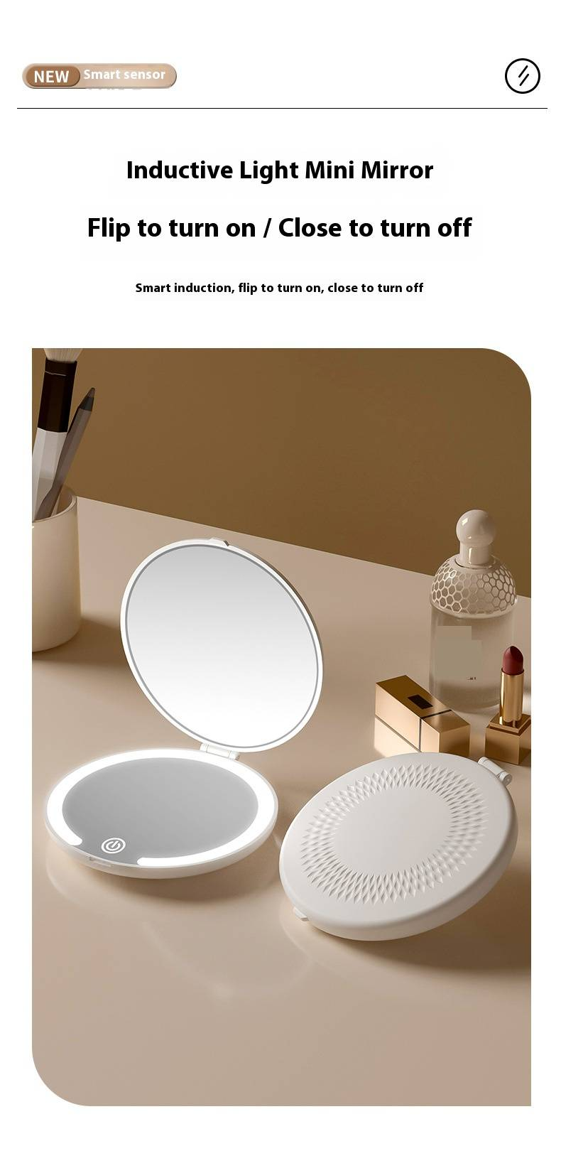 Premium-Geschenkspiegel – Klappbarer Kosmetikspiegel mit individuellem Logo und 3-farbigem LED-Licht (tragbar, über USB wiederaufladbar, ABS-Rahmen, 80 mm Durchmesser)_voghion.com