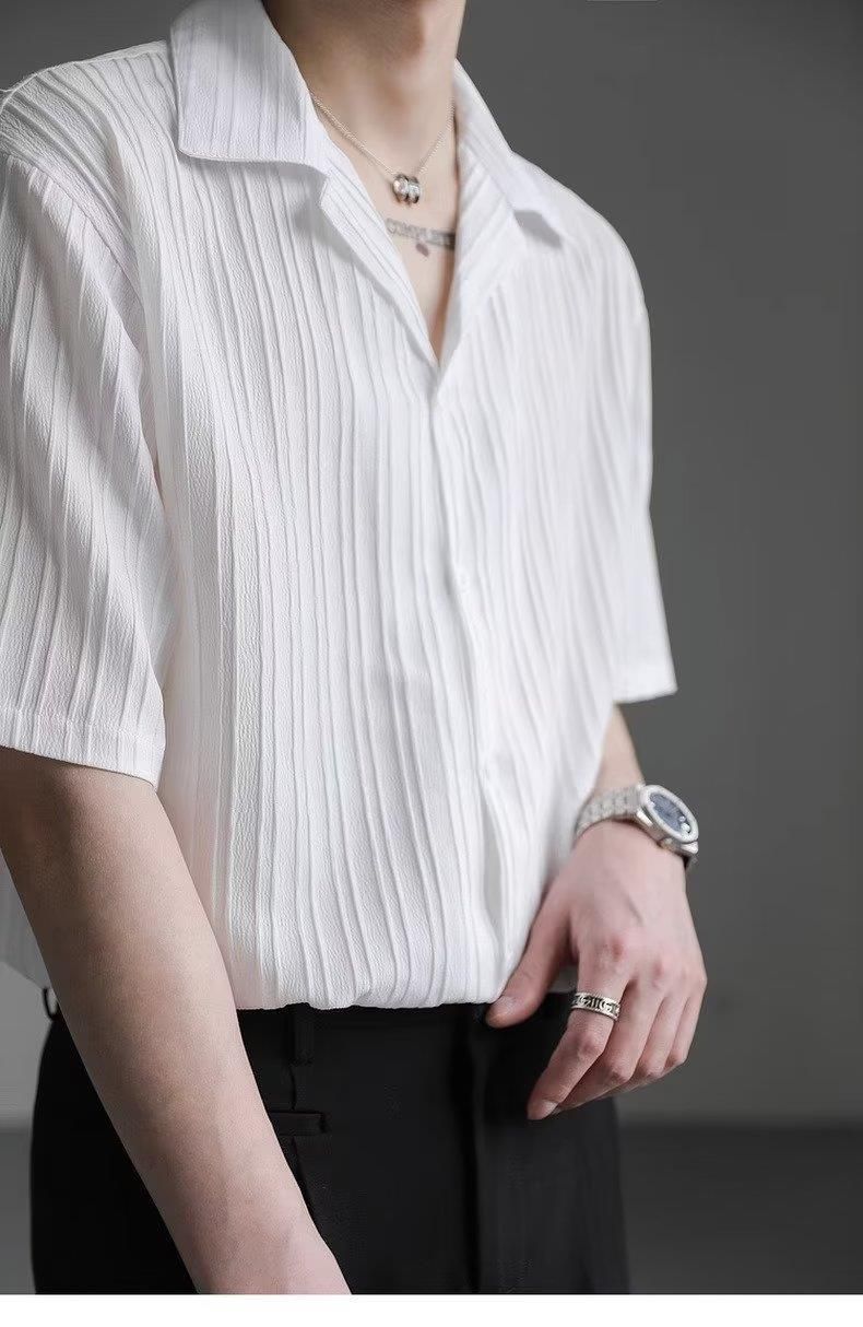 Camicia casual da uomo, leggera, stile maturo, in seta ghiacciata, con colletto drappeggiato, a maniche corte, bianca_voghion.com