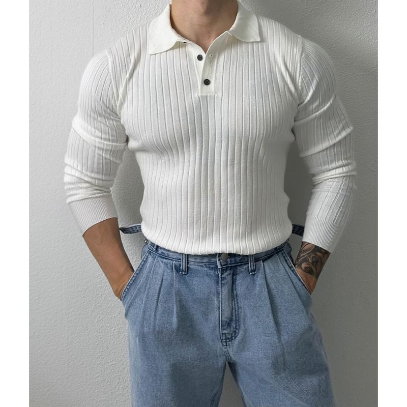 Frühling und Herbst Neues Poloshirt Umlegekragen Langarm Strickpullover Herren Leicht Reife Slim Fit Business Trend_voghion.com