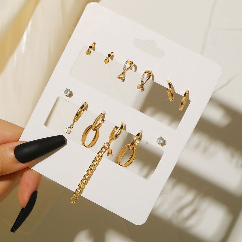 Metal Love Square Geometric Tassel Earrings Combination Set Of Retro Pearl Diamond C Shaped Earrings_voghion.com