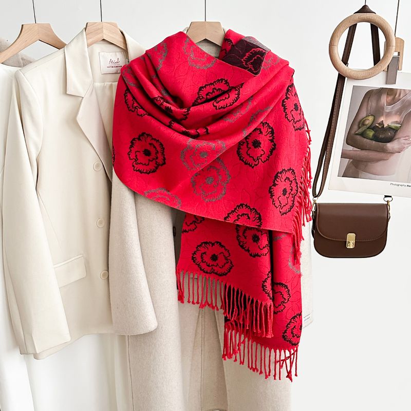 Elegant Camellia Fringe Shawl Scarf - Winter Warm Double-Layered Wrap With Stylish Floral Design, Soft & Cozy For Women_voghion.com
