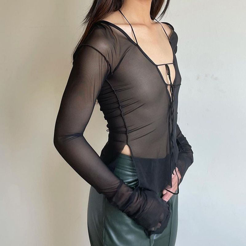 Plus Nine Q21TP300 Summer New Solid Color Lace up Neck Hanging Perspective Split Long sleeved Women's Top_voghion.com