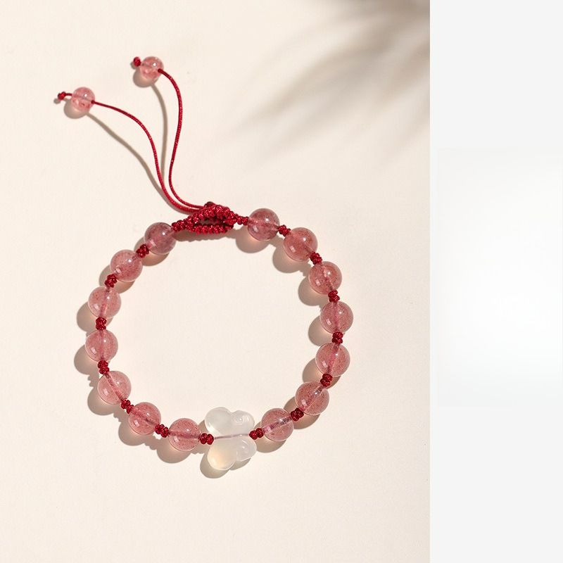 Natural Crystal Strawberry Crystal Bracelet Hand-woven Red Rope Red Glue Flower Chalcedony Butterfly Wang Marriage Bracelet_voghion.com