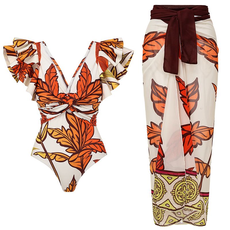 Roupa de banho feminina nova camada de ar babados maple leaf print praia férias maiô de uma peça terno_voghion.com
