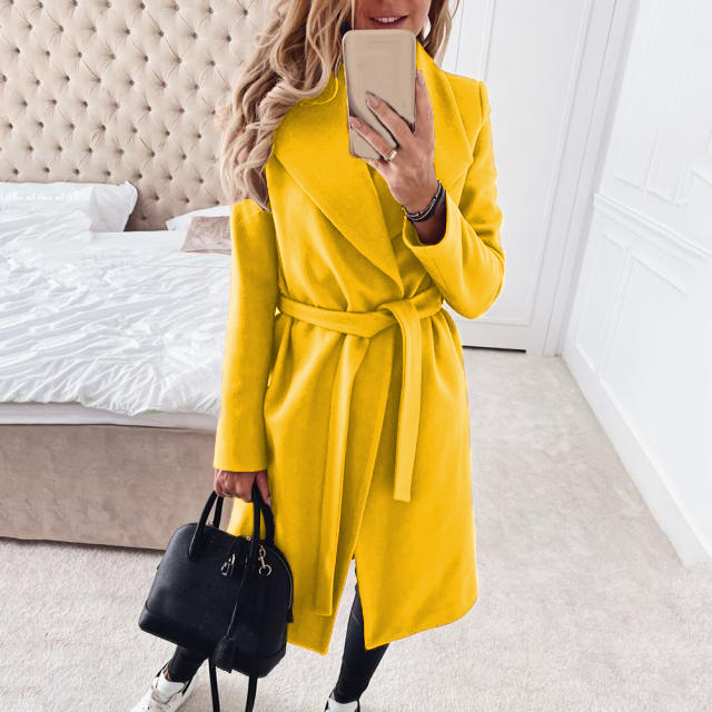 Modischer Damenmantel aus massiver Wolle mit Revers und Schnürung_voghion.com