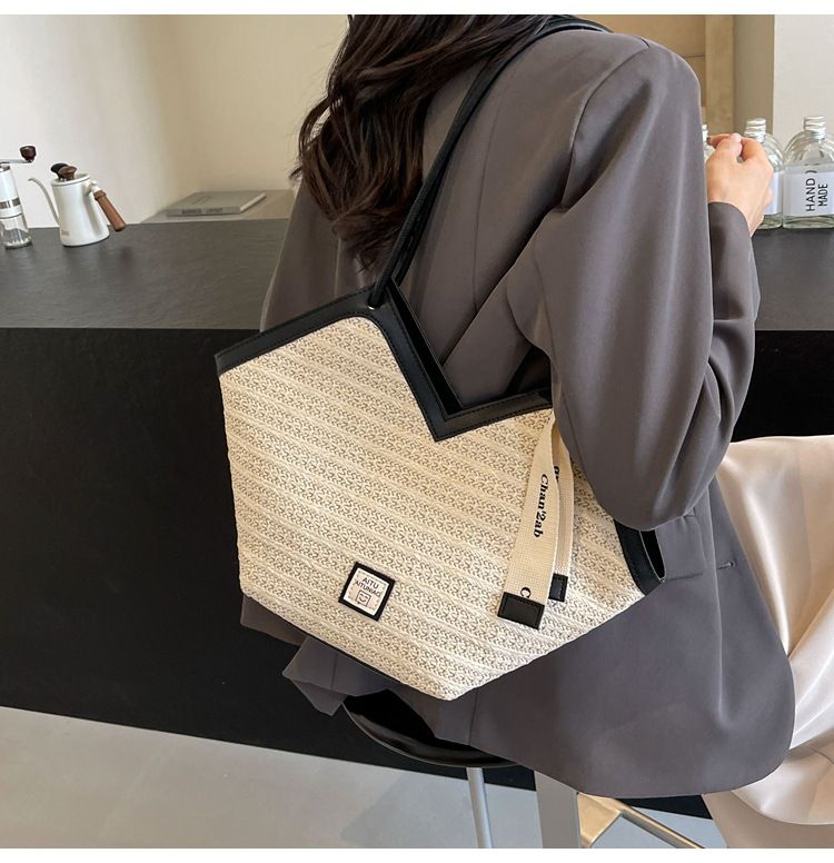 Damen-Einkaufstasche, große Kapazität, gewebte Strohtasche, große Kapazität, Umhängetasche für den Strandurlaub, Pendler-Einkaufstasche_voghion.com