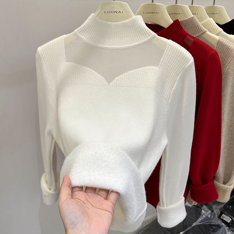 Suéter de punto con forro polar para mujer, jersey grueso y cálido de invierno, cuello semialto, manga larga, informal, color liso_voghion.com