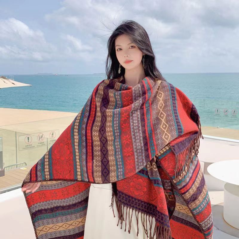 Ethnic Style Striped Cape Shawl New Tibetan Yunnan Lijiang Versatile Travel Warm_voghion.com
