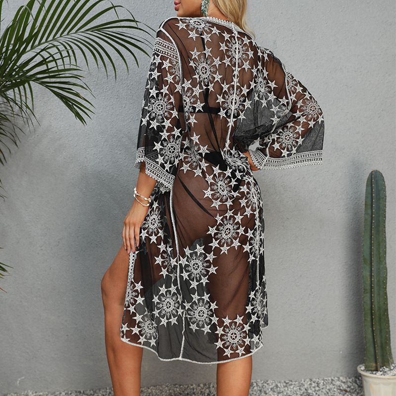 Strand-Überwurf aus Spitze – transparenter Sonnenschutz-Kimono (Einheitsgröße, 100 % Baumwolle, florales Cutout-Design)_voghion.com