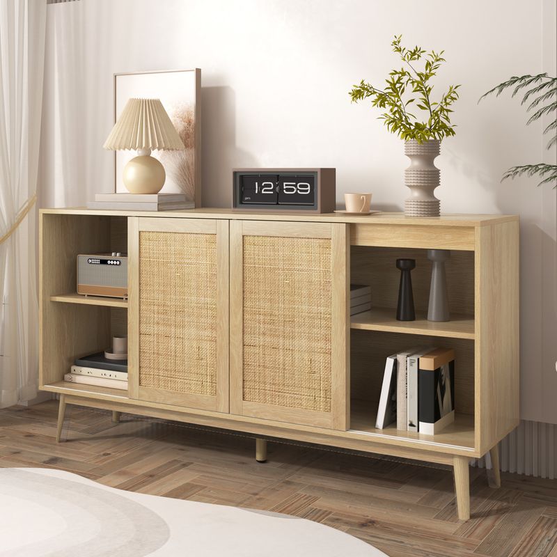 Buffet avec 3 portes coulissantes et 2 tiroirs, 155 x 38 x 80 cm, en rotin véritable, respirant, robuste et polyvalent_voghion.com