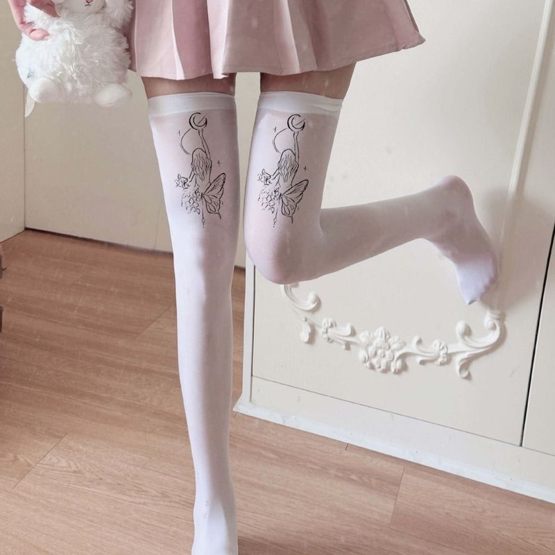 Schwarze, süß bedruckte Overknee-Socken mit Anime-Cartoon-Motiv, lange Lolita-Röhrenstrümpfe aus JK-Seide_voghion.com