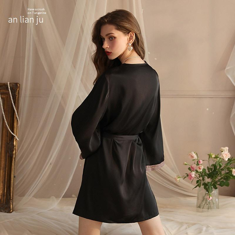 Pyjama en soie glacée pour femme, peignoir à manches longues, en dentelle de soie, vêtements de maison_voghion.com