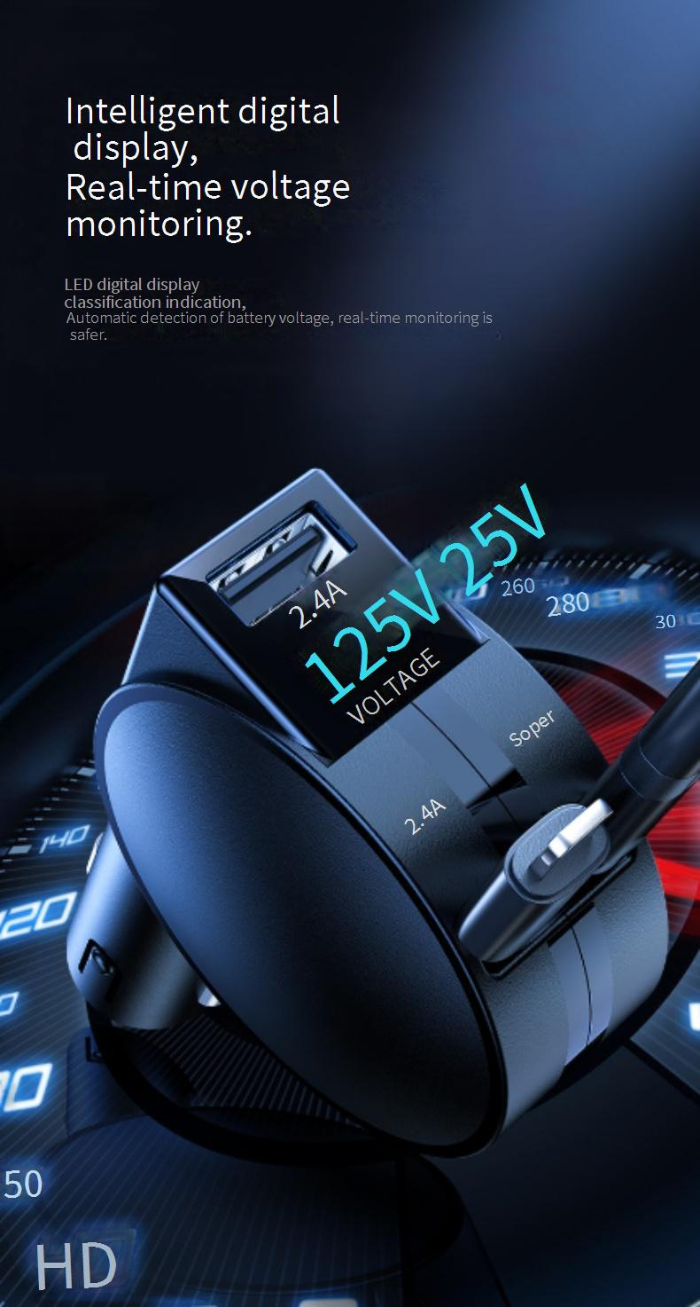 60W Super Fast Car Charger With Digital Display – Triple Port QC 3.0 & PD (Type-C/USB/iPhone) – 12V-24V Universal Cigarette Lighter Adapter_voghion.com