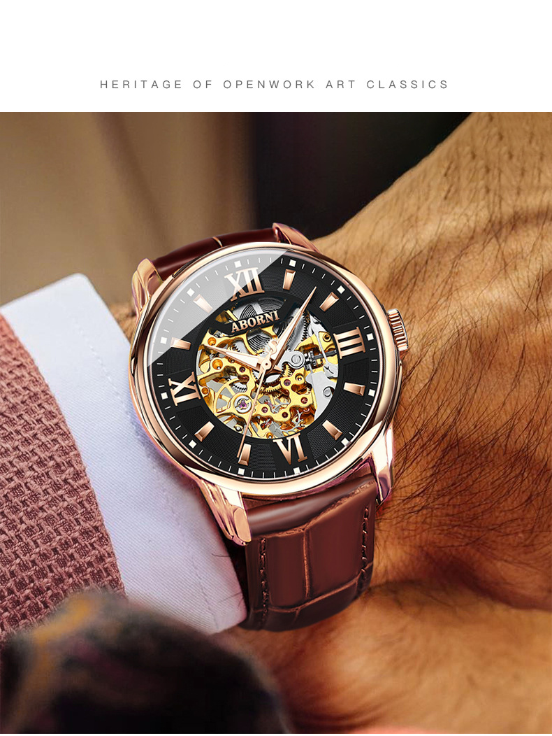 Montre squelette automatique pour homme avec bracelet en cuir, étanche et lumineuse, design ajouré double face, montre mécanique tendance_voghion.com