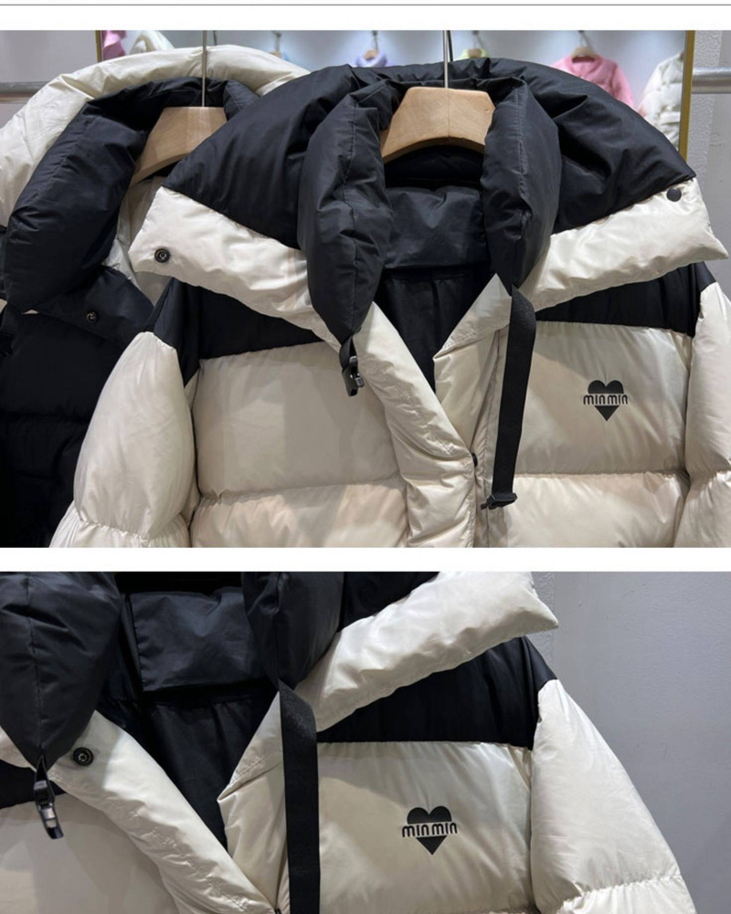 Women's Short Puffer Jacket With Color Block Design, Lightweight Hooded Winter Coat, Warm Duck Down Filling, Casual Streetwear For Petite_voghion.com