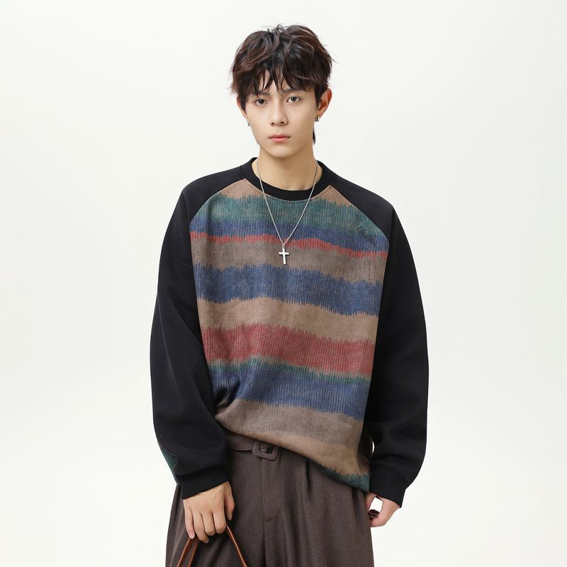 Retro 、Color-Block Crewneck Sweatshirt Oversized Drop-Shoulder Unisex Pullover With Gradient Stripes & Stretch Cuffs (M-XXL, Black)_voghion.com